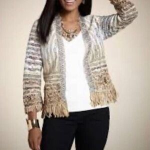 Chico's Cream/Tan Knit Sweater Tracilyn Artisan Crochet Jacket Fringed Size 0
